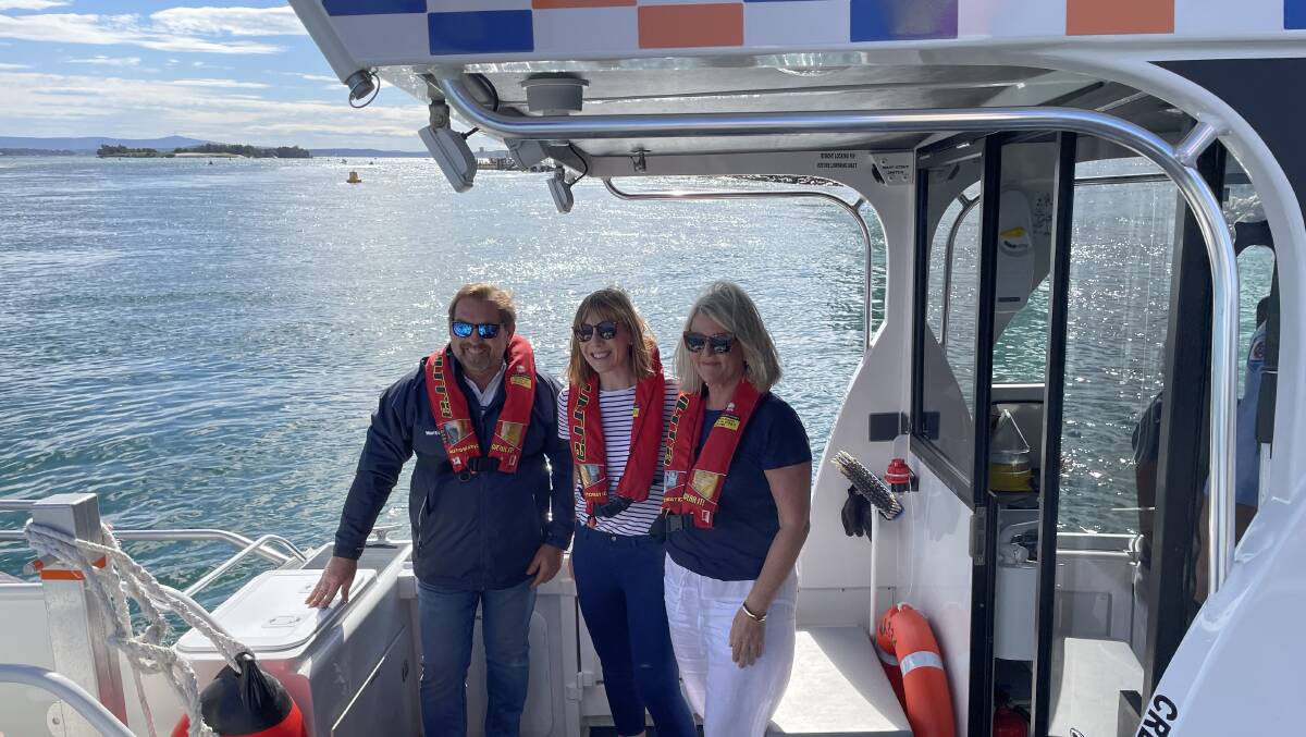 L-R: Executive director NSW Maritime Mark Hutchings, Transport Minister Jo Haylen and Swansea MP Yasmin Catley inspect Swansea Channel on Sunday. Picture supplied. 