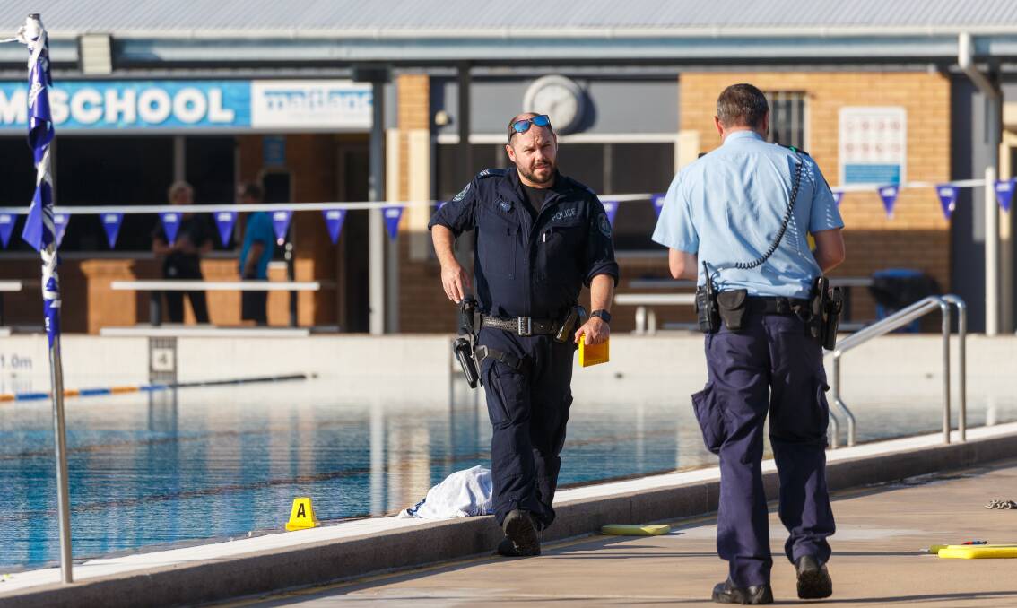 Police investigators at Maitland Aquatic Centre following the drowning of a 13-year-old girl last Friday. Picture: Max Mason Hubers. 