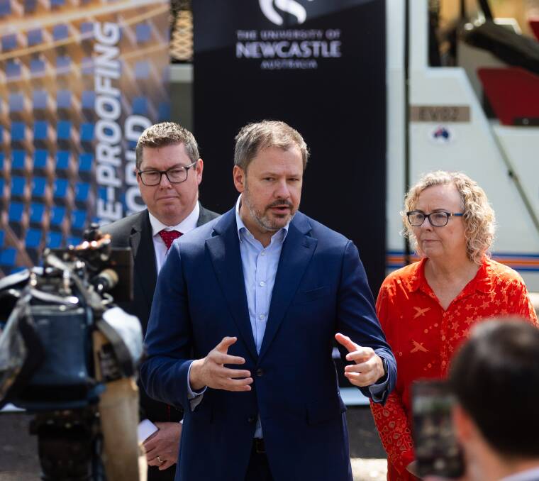 Shortland MP Pat Conroy (L), Ed Husic and Newcastle MP Sharon Claydon speak about Molycop job losses at the University of Newcastle. Picture by Jonathan Carroll. 