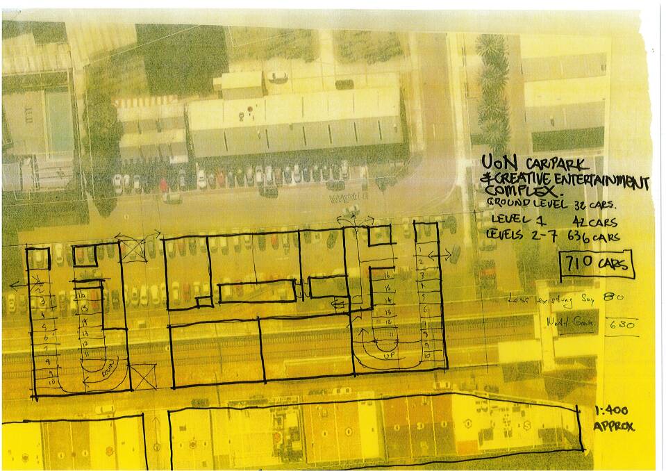 Alternative: A sketch showing the footprint of a possible nine storey carpark and creative entertainment complex at Honeysuckle. Sketch: Barney Collins