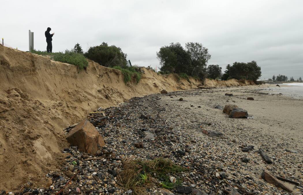 Slipping away: A newly eroded section of foreshore in front of Stockton caravan park on Friday afternoon. Further erosion is expected on the weekend. Picture: Jonathan Carroll 