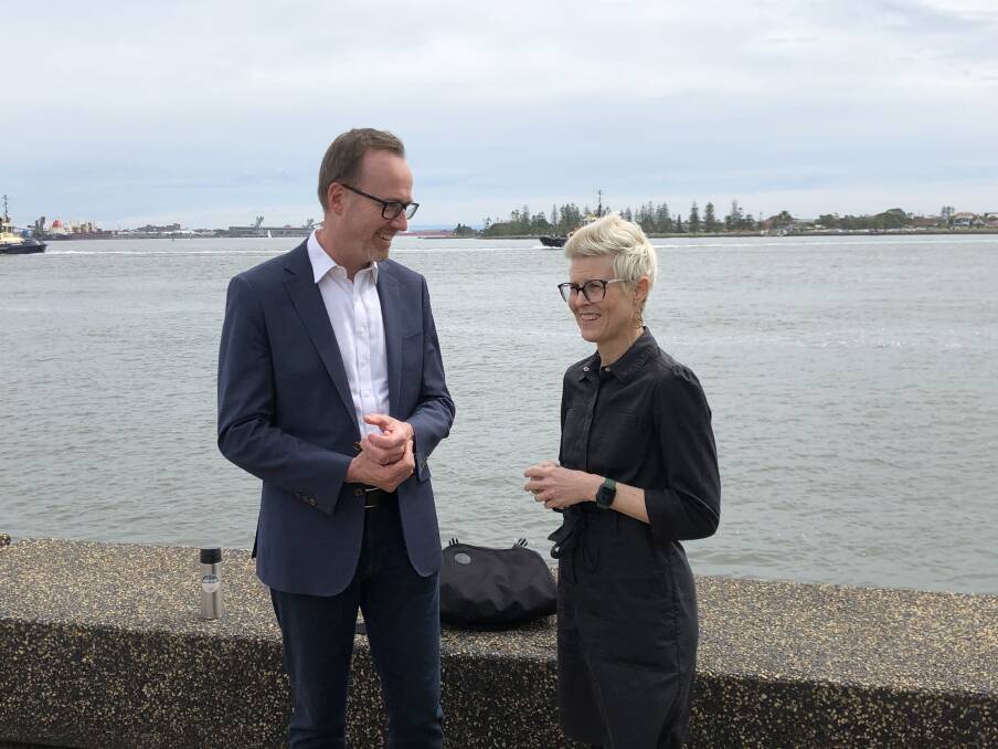 Greens senators David Shoebridge and Penny Allman-Payne in Newcastle on Friday. The Greens are seeking to establish a National Transition Authority. Picture: Matthew Kelly