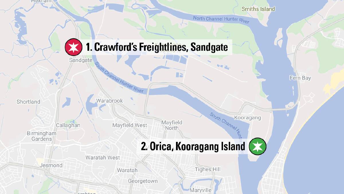 Where large quantities of ammonium nitrate are stored at Sandgate and Kooragang Island. 