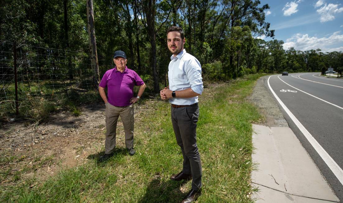 Brian Purdue and Declan Clausen want 505 Minmi Road, Fletcher added to the Hunter Green Corridor. Picture: Marina Neil