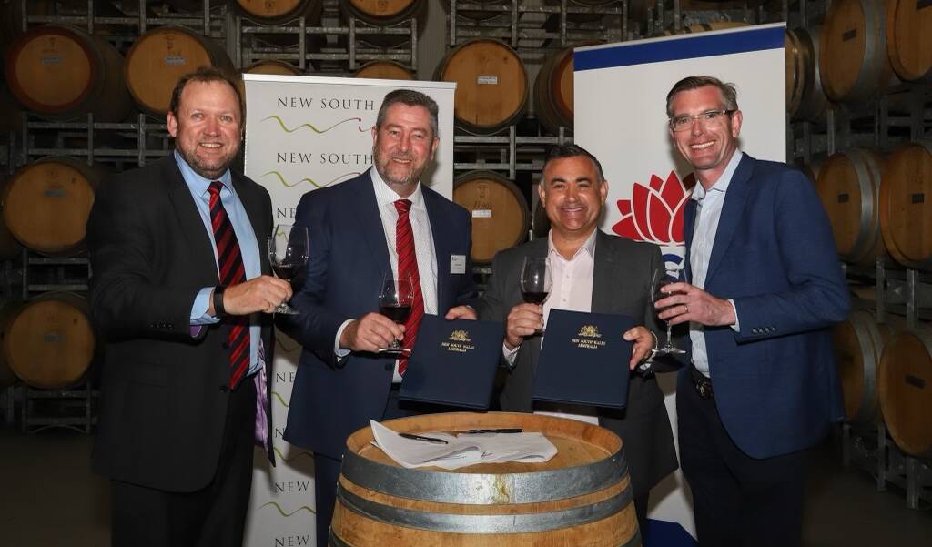 L-R: Executive officer, NSW Wine Industry Association Angus Barnes, President, NSW Wine Industry Association Mark Bourne, NSW Deputy Premier John Barilaro, NSW Treasurer Dominic Perrottet.