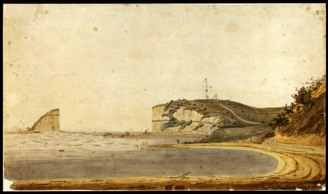 Halfway: Nobby’s Island and Pier, 23 January 1820 (Anonymous artist). State Library of NSW. The pier wasn’t completed until 1846.