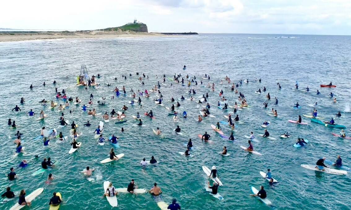 Nobbys Beach Paddle out to protest offshore drilling, 2019, Picture: Surfrider Foundation & Save Our Coast.
