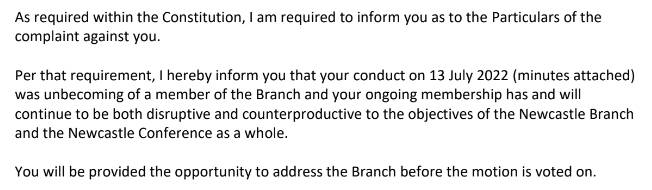 Excerpt of letter sent to Blake Keating ahead of Wednesday's night motion to expel him from the Newcastle branch. 