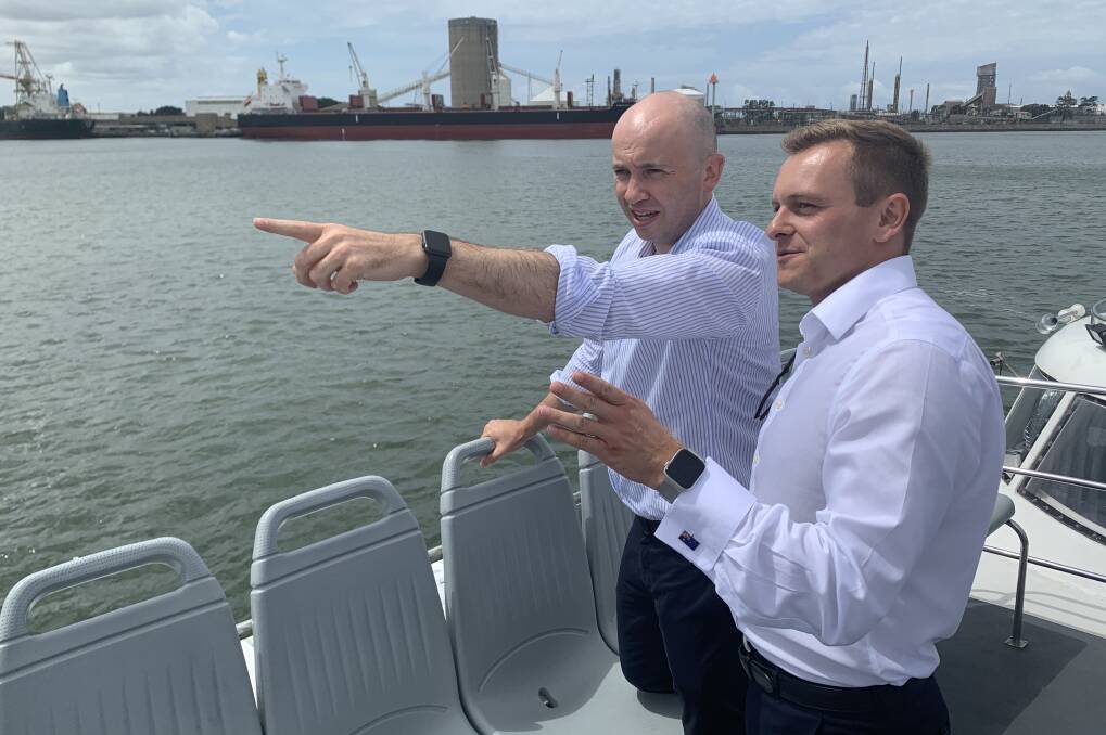 Energy minister Matt Kean and Parlimentary Secretary for the Hunter Taylor Martin at the Port of Newcastle on Thursday. 