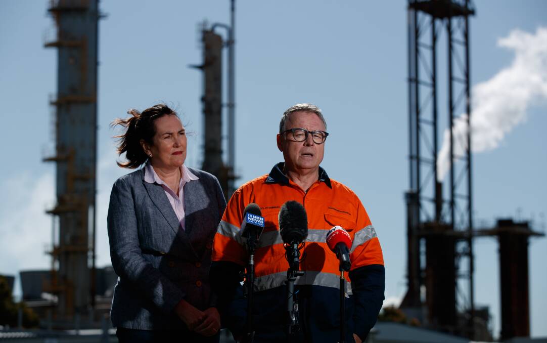 Confident: Hunter MP Joel Fitzgibbon with NSW Senator Deborah O'Neill speaking after touring the Orica plant on Thursday. Picture: Max Mason Hubers