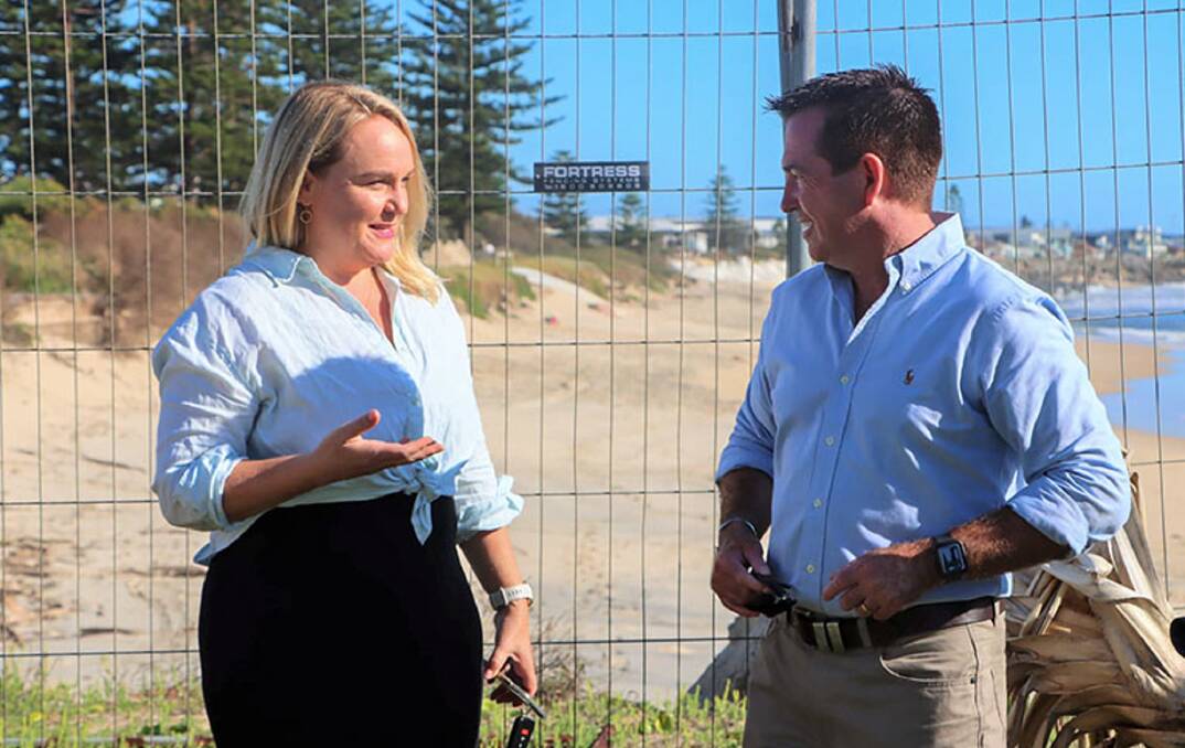 Newcastle Lord Mayor Nuatali Nelmes and Deputy Premier Paul Toole at Stockton Beach in 2021. Picture supplied. 