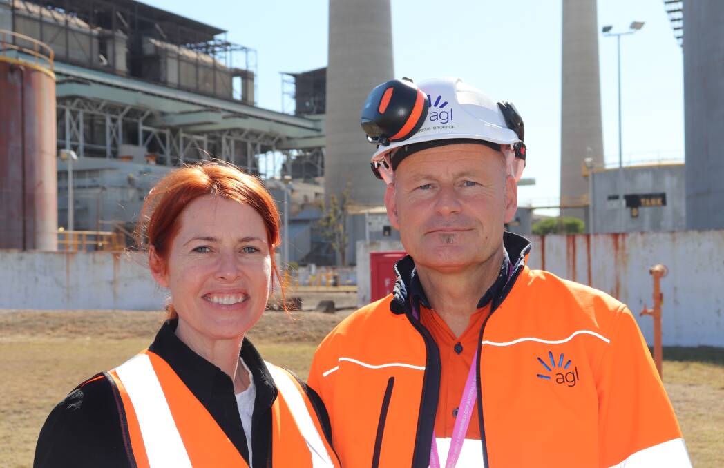 Committee for the Hunter chief executive Alice Thompson with AGL chief financial officer Markus Brokhof at Liddell Power Station. Picture Rob Cooper/AGL 