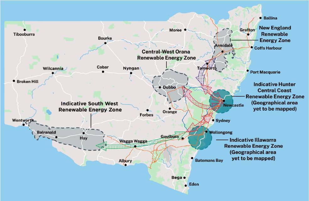 A map showing Renewable Energy Zones and likely new high-voltage transmission corridors from the NSW Energy Co's draft infrastructure strategy.