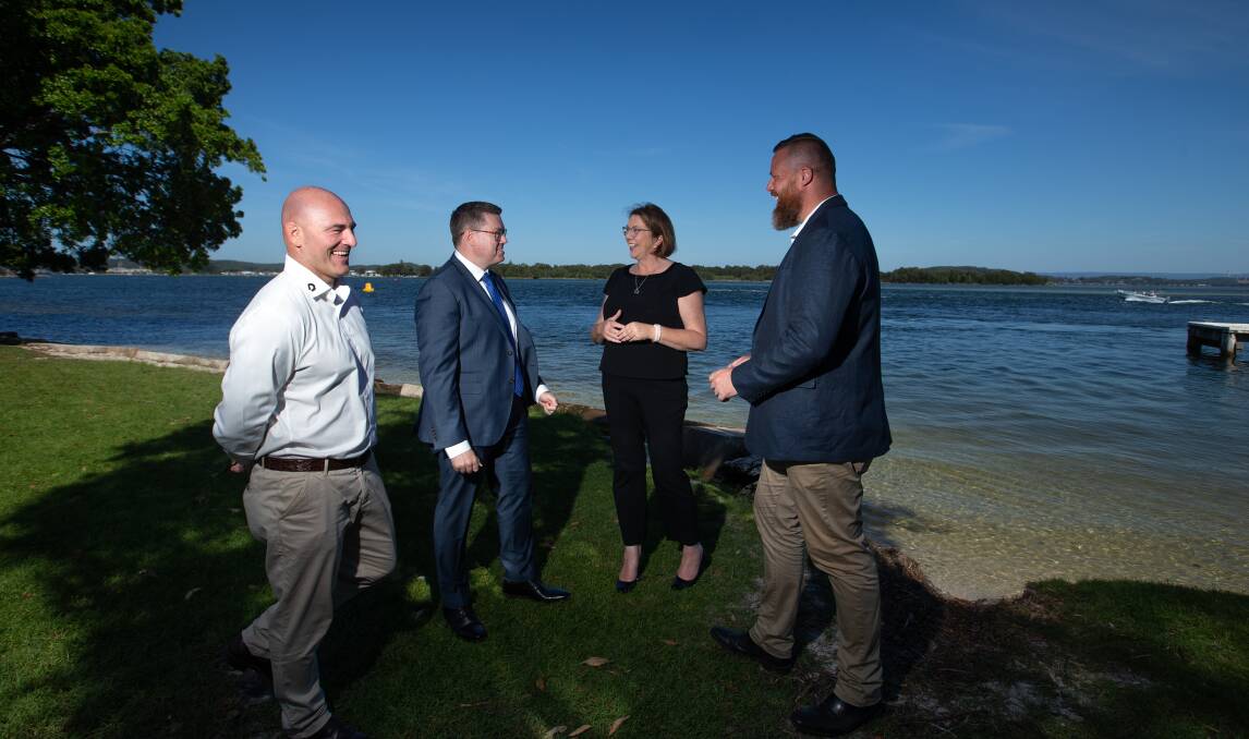 Brains trust: Shadow Minister for Infrastructure and Regional Development, Catherine King speaks with Member for Shortland Pat Conroy, Labor candidate for Hunter Dan Repacholi and Joshua Sattler, CEO of Dantia. Picture: Marina Neil.