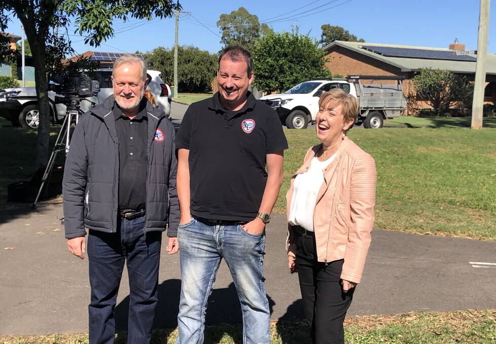 L-R: Shooters Fishers and Farmers Party head Robert Borsak MLC, Mark Banasiak MLC and Upper Hunter candidate Sue Gilroy at the party's campaign launch in Singleton on Monday. 
