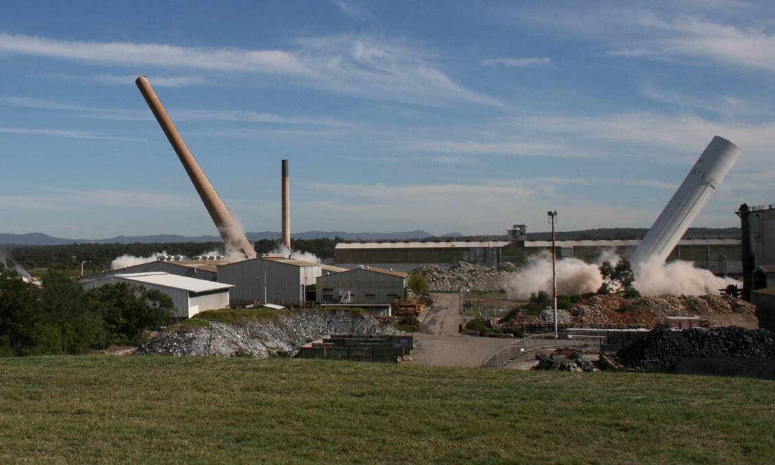 Going, going, gone: The moment the Hydo stacks came crashing down at the former aluminium smelter on Thursday morning. The demolition occurred without incident. 
