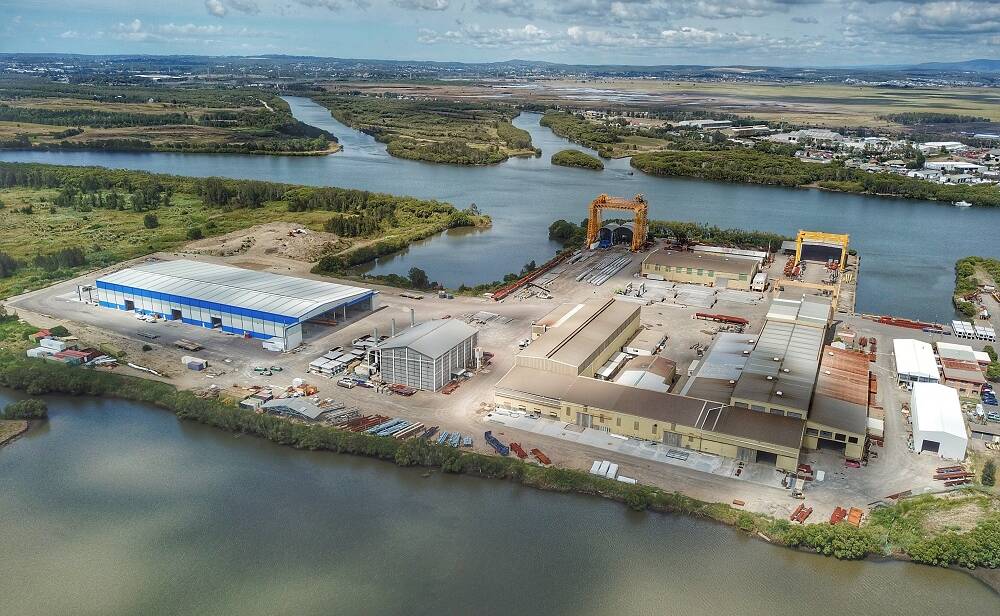 IMPRESSIVE FACILITY: An aerial shot of Civmec’s newly established east coast base at Tomago, on the banks of the Hunter River.  
