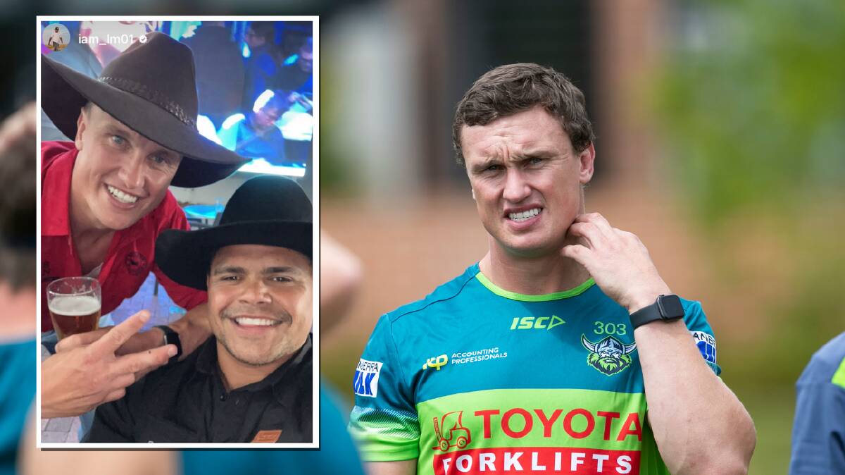 Canberra Raiders star Jack Wighton has been arrested following an incident on Sunday morning. Inset, a photo of Wighton and Latrell Mitchell uploaded to Instagram on Saturday night. Picture by Keegan Carroll