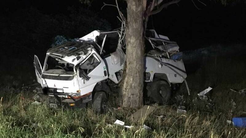 The Hunter family's Mitsubishi mobile home hit a tree after allegedly being struck from behind by a B-double at Yarra near Goulburn on Friday night. Picture: NSW Police Traffic and Highway Patrol Command.