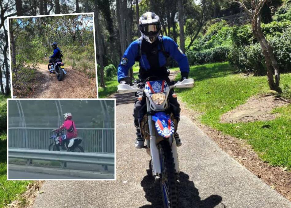 Police on bikes hit the ground at the Central Coast, and inset, an unregistered motorbike tore along a footpath in Newcastle last week. Pictures by NSW Police, supplied