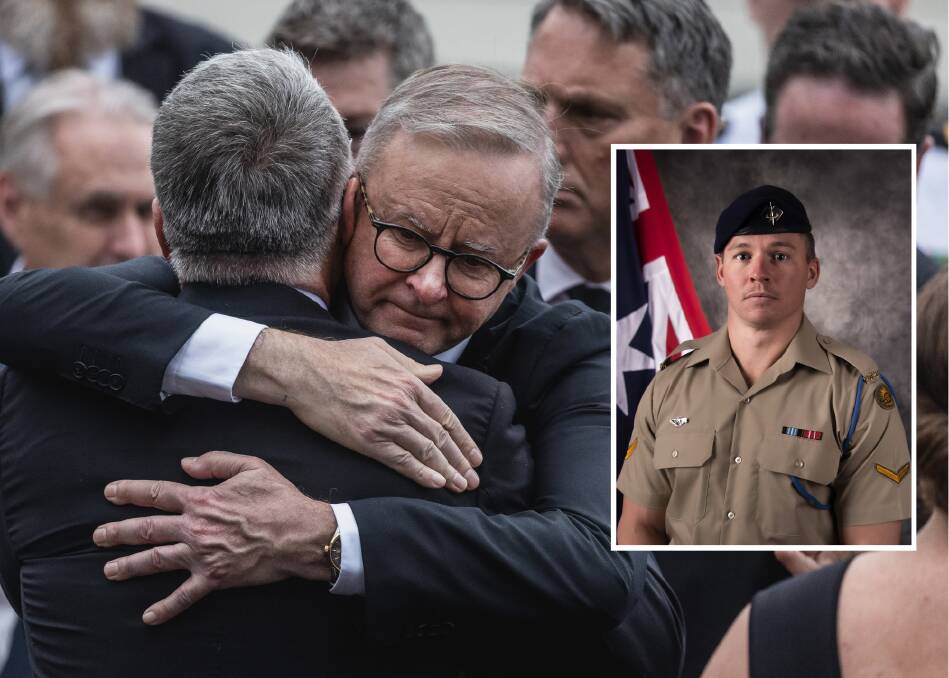 Prime Minister Anthony Albanese embraces former MP Joel Fitzgibbon at the funeral of Lance Corporal Jack Fitzgibbon, inset. Pictures by Marina Neil, supplied by ADF