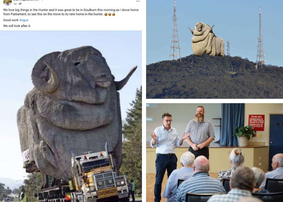 Clockwise from left, Hunter MP Dan Repacholi's fake social media post, another fake picture, and the forum hosts. Pictures from Facebook, supplied