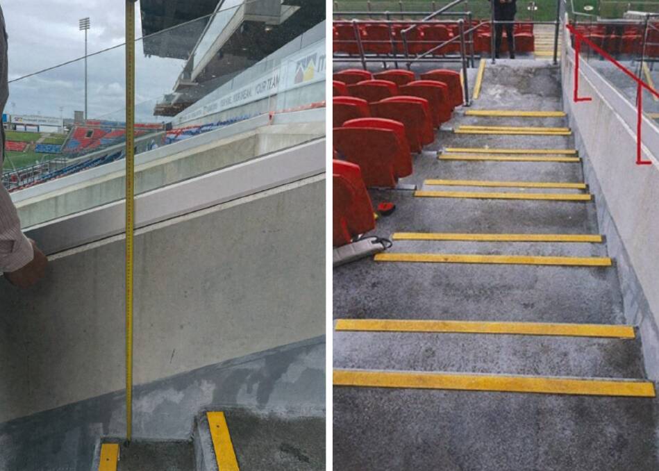 Left, the glass balustrade on the concrete wall, right, the red drawn lines show where an expert recommended a handrail would go. The stairs at the time of the fall did not have yellow strips. Pictures supplied by NSW Court of Appeal