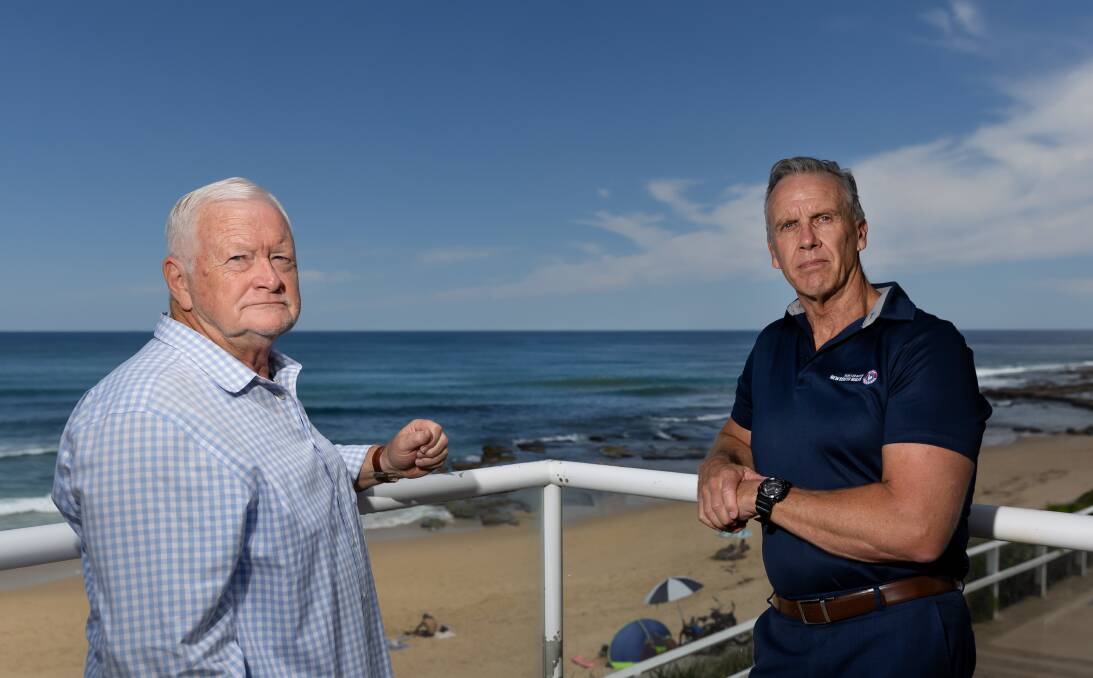Surf Life Saving NSW Hunter president Henry Scruton and chief executive Steven Pearce at Merewether Beach. Picture by Marina Neil