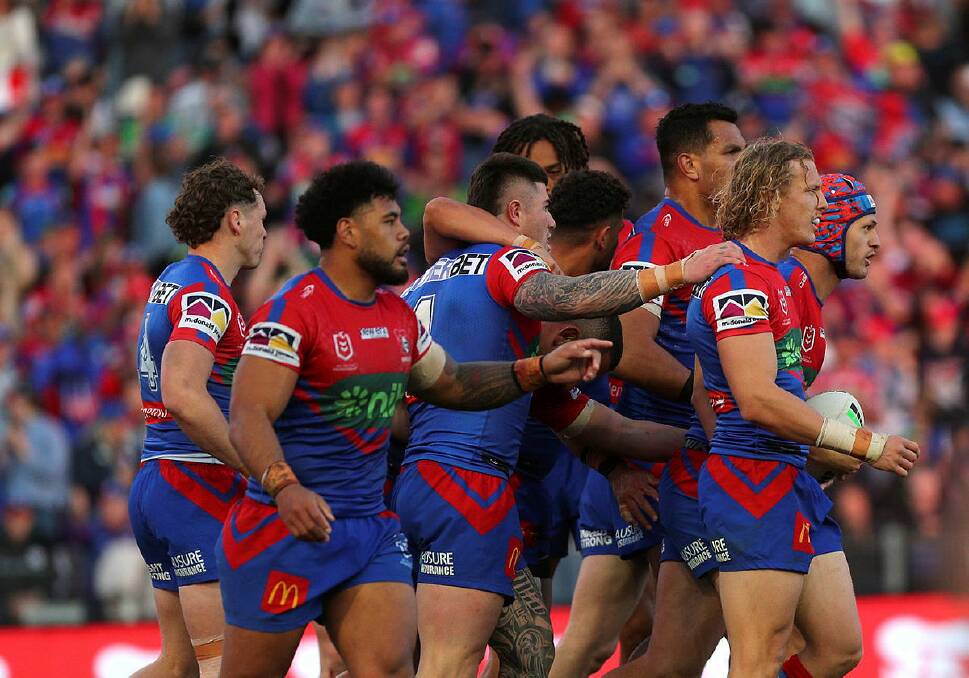 The Newcastle Knights at a sold-out McDonald Jones stadium on Sunday afternoon during their nail-biting clash with the Canberra Raiders. Picture by Peter Lorimer