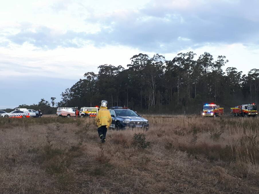 Emergency services at the scene of the gyrocopter crash. Pictures supplied by Booral RFS