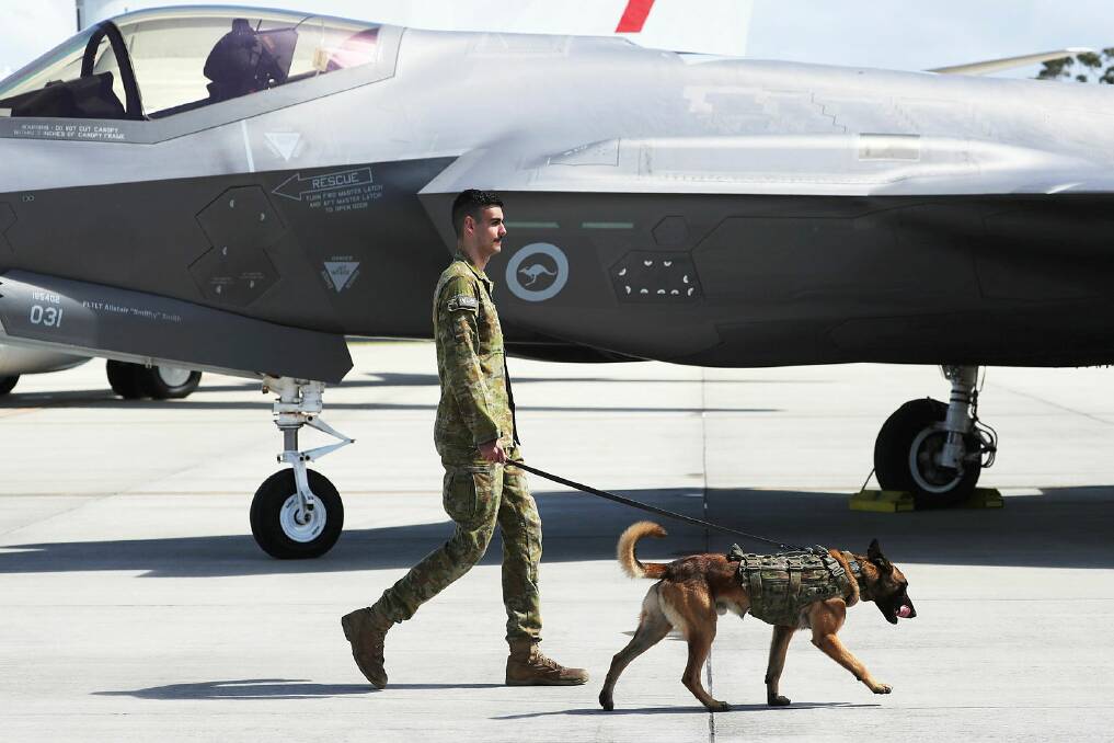 Leading aircraftman Jordan Dodd with military dog Effi and an F-35. Picture by Peter Lorimer