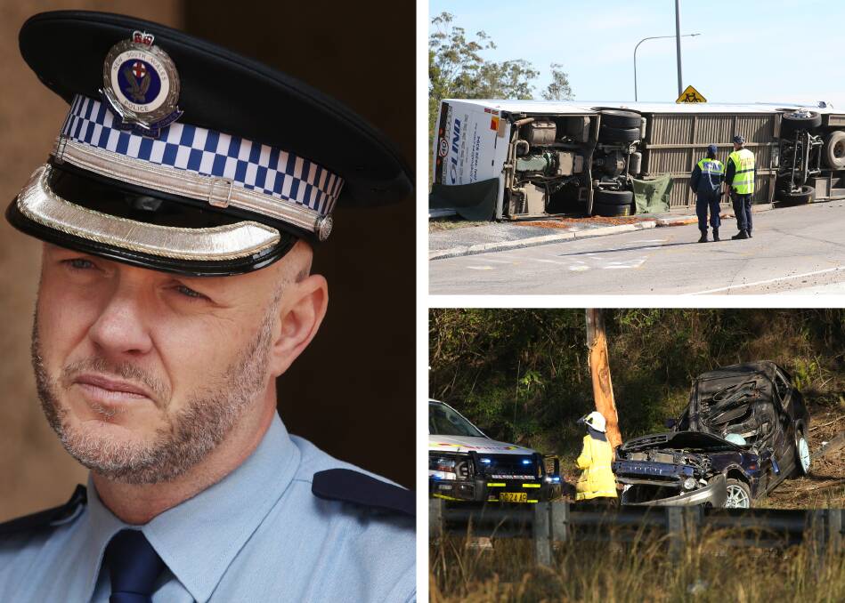 Clockwise from left, Detective Chief Inspector Thomas Barnes, the scene of the Hunter Valley bus crash in June, and a fatal crash on the M1 in July. Pictures by Simone de Peak and Peter Lorimer 