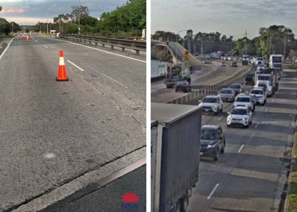Left, The outside lanes are closed on Tarro Rail Bridge, right, banked traffic earlier this week. Pictures by Live Traffic NSW