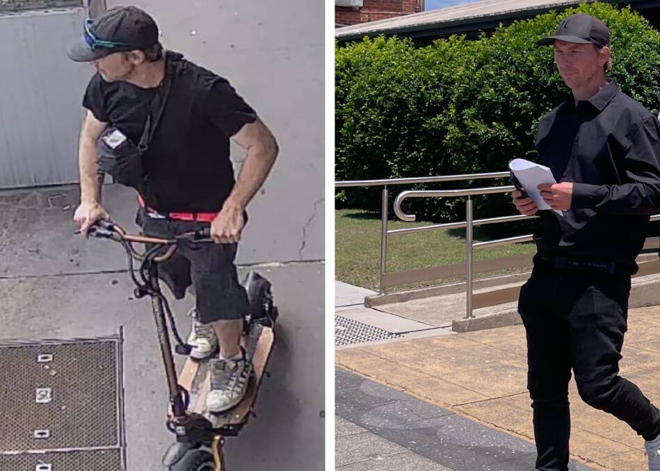 Left, CCTV released by police, and right, Jonathan Lee Hardy leaving court on Wednesday.