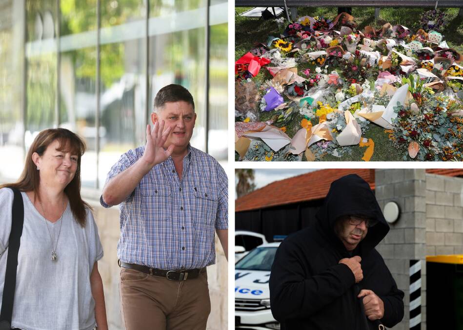 Clockwise from left, Leanne and Matt Mullen arrive at Newcastle court on Wednesday, floral tributes after the Greta bus crash, and driver Brett Andrew Button. Picture by Peter Lorimer