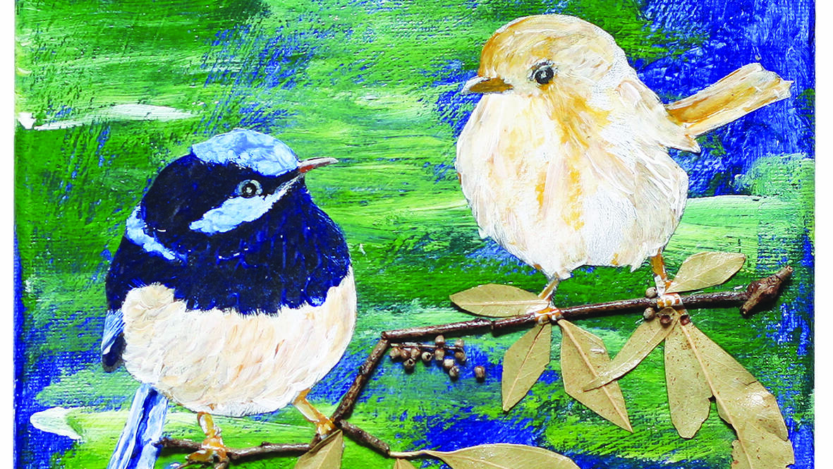 COVER ART: Enid King's depiction of two blue fairy wrens. Picture: Supplied