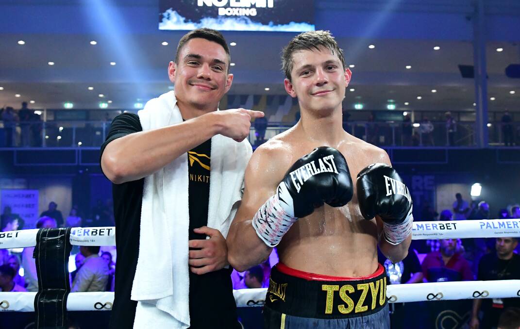 He's the man: A proud Tim Tszyu alongside younger brother Nikita after he easily disposed of Aaron Stahl inside two rounds in his first professional fight in Brisbane earlier this month. Nikita's second fight will be in Newcastle. Picture: AAP.
