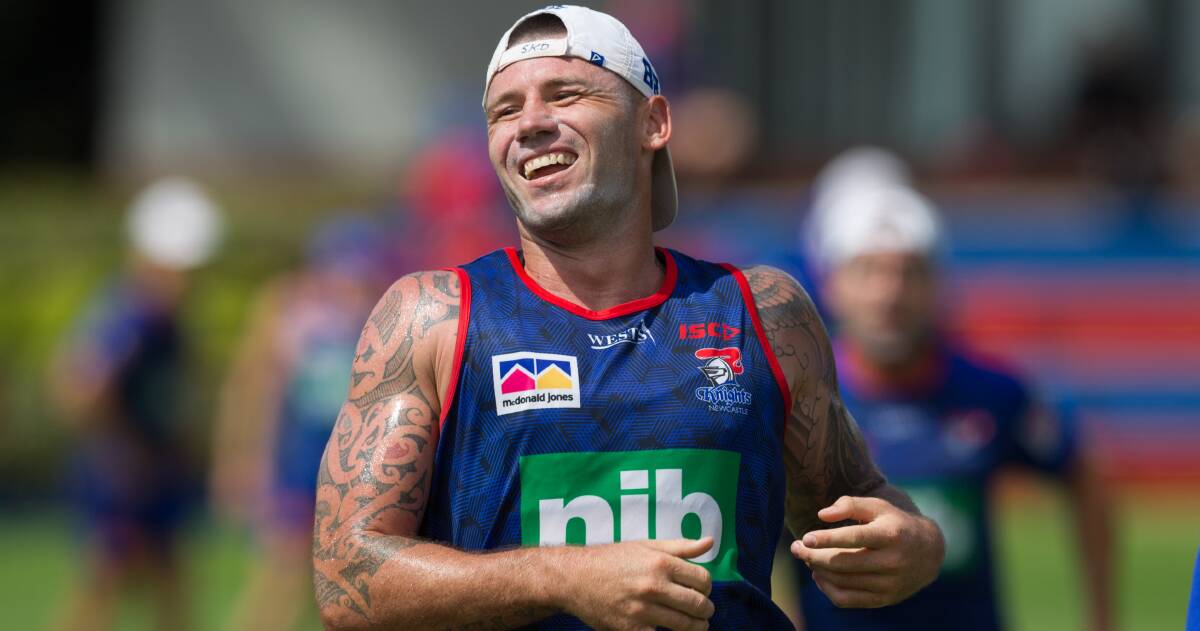 All smiles: Knights winger Shaun Kenny-Dowall hasn't missed a game this season and has been one of the club's most consistent performers and looks set to be rewarded with a new contract for next season after a meeting with coach Nathan Brown. Picture: Max Mason-Hubers. 
