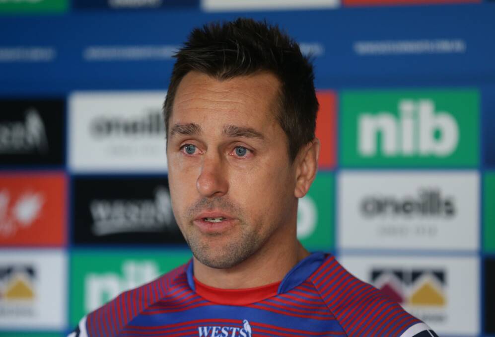 An emotional Mitchell Pearce at his press conference. Picture: Jonathan Carroll.