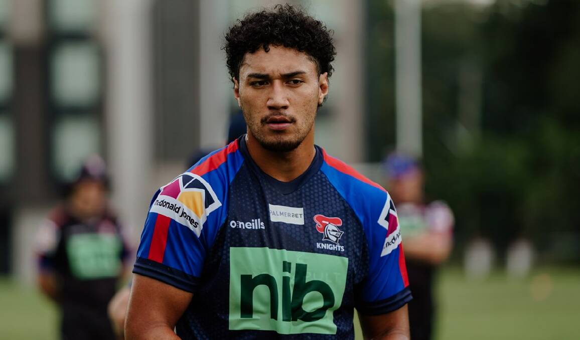 Excited: Young Knights star Simi Sasagi says he is embracing his utility role and a potential move into the forward pack in the NRL next season. Picture: Knights media.
