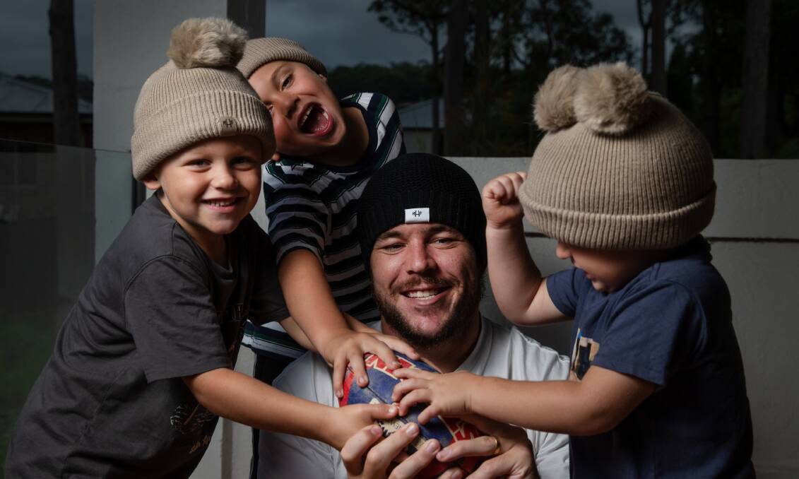 Family affair: Knights prop David Klemmer with three of his four kids. Klemmer's whole family is heading north to Queensland with the Knights bunkering down on the Sunshine Coast at Twin Waters resort for at least the next month. There is every chance the team could remain interstate for the rest of the season. 