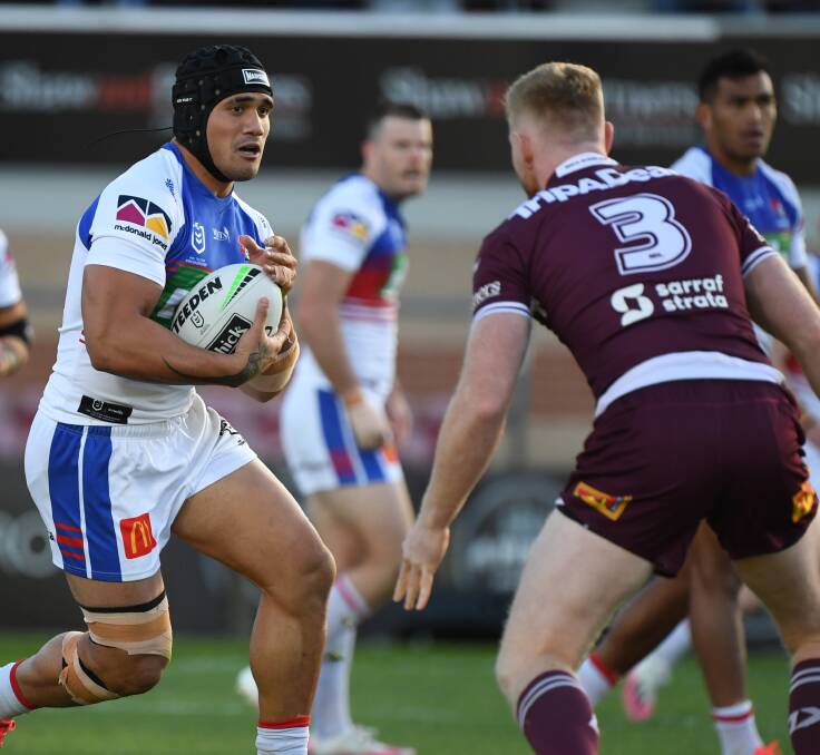 Injured: Knights backrower Sione Mata'utia was concussed just before halftime and left the field and did not return during the second half as the Knights scored an outstanding 14-12 win over Manly at Brookvale. Picture: NRL Photos.