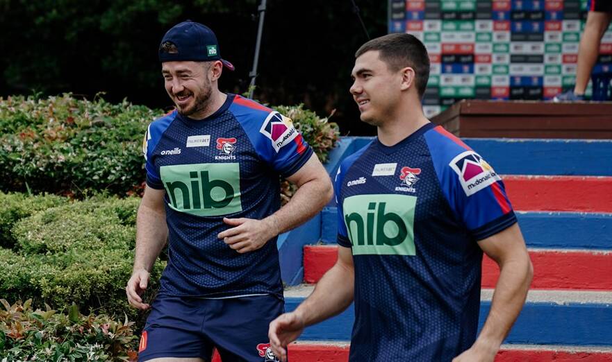 Combination: New Knights halfback Adam Clune and five-eighth Jake Clifford sharing a laugh at pre-season training prior to Christmas. Clune will be vying with Phoenix Crossland for the club's No.7 jersey next season if Newcastle don't sign a replacement for the departed Mitchell Pearce. Picture: Knights media.