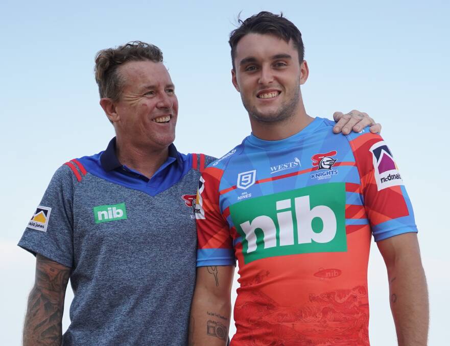 Pretty cool: Fullback Tex Hoy in the Knights Nines jersey that features his Newcastle surfing icon father Matt riding a wave. Picture: Knights media