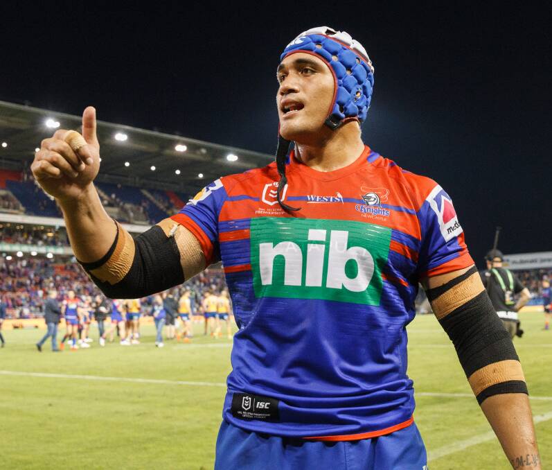 Unlikely: Knights backrower Sione Mata'utia has been named on an extended bench for Sunday's clash with Wests Tigers at Leichhardt Oval but is racing the clock to play. Picture: Max Mason-Hubers. 