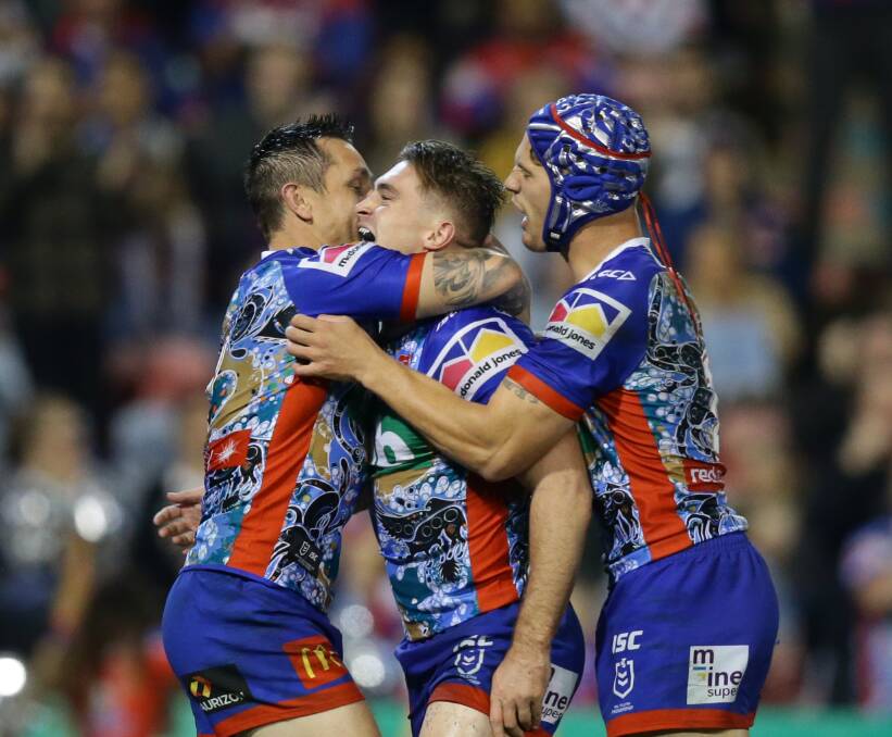 Big three: They would normally be among the first players picked in any Nines squad but Mitchell Pearce, Connor Watson and Kalyn Ponga will be part of a big contingent of Knights stars who won't be making the trip to Perth for the NRL Nines in a fortnight. Picture: Jonathan Carroll.