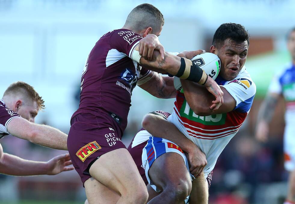 Boost: Knights prop Daniel Saifiti is a big inclusion on Sunday against arch-rival Manly at McDonald Jones Stadium. Picture: Getty Images.
