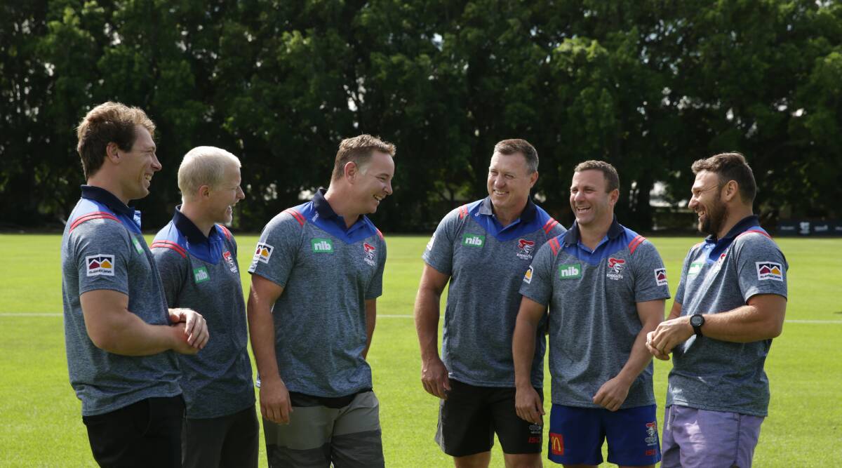 Brains trust: Rookie head coach Adam O'Brien will lead a new-look coaching staff that includes Rory Kostjasyn, Scott Dureau, David Furner, Willie Peters and Eric Smith when the Knights kick off pre-season training today at Mayfield. Picture: Simone De Peak.