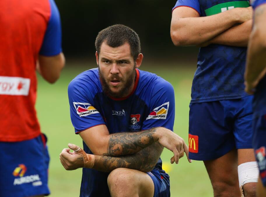 Focused: New Knights prop David Klemmer has knocked back an offer not to play and has his sights set on a 20 minute stint against the Dragons to 'blow out the cobwebs' when the sides meet in a trial on Saturday week at Kogarah's Jubulee Oval. Picture: Jonathan Carroll.