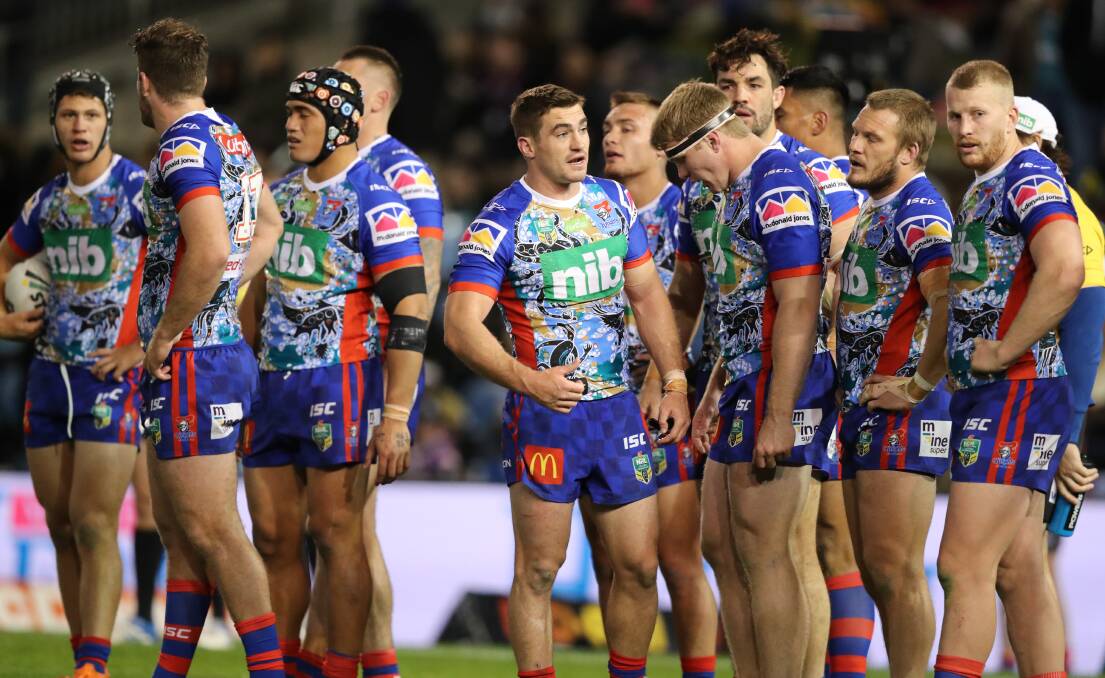 Behind the try-line: An all too familiar occurrence in 2018 with the Knights conceding 100 tries and finishing the season as the second worst defensive team in the competition. Picture: Jonathan Carroll. 